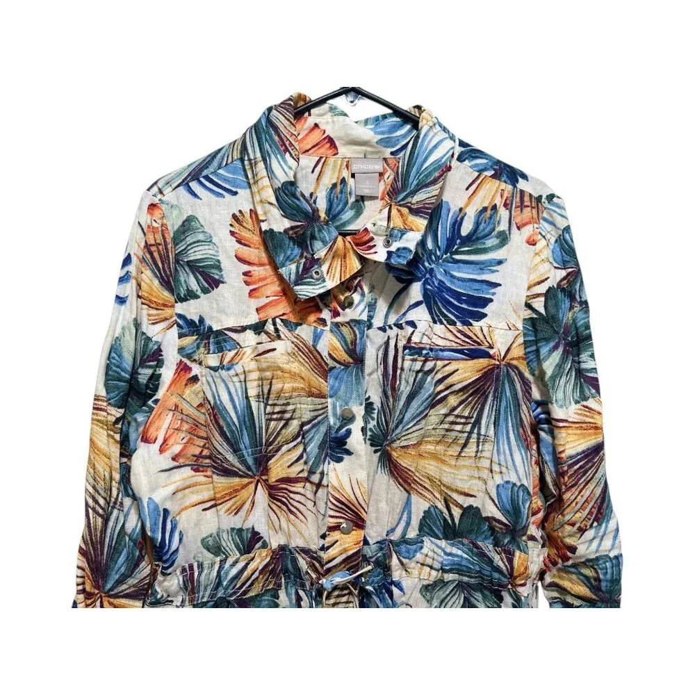 Chicos Tropical Palm Linen Jacket Tunic Women 16-18 XL Multicolor Utility Resort - Picture 7 of 16